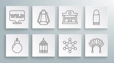 Set line Bomb ready to explode, Camping lantern, Dynamite bomb, Hexagram sh.. Illustrazione stock