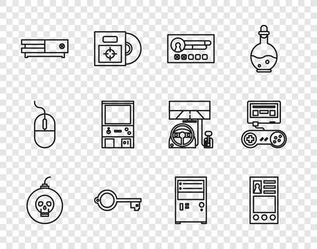 Set line Bomb ready to explode, Create account screen, Ancient key for game.. Stock Illustration
