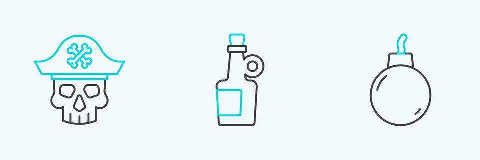 Set line Bomb ready to explode, Pirate captain and Alcohol drink Rum icon. .. Stock Illustration