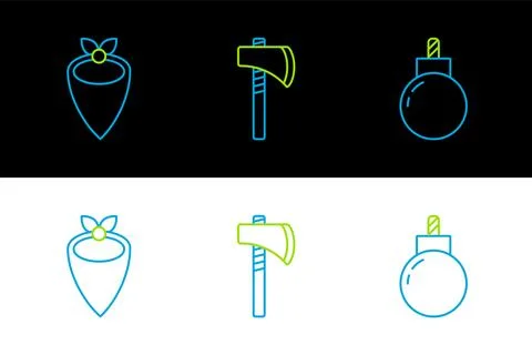 Set line Bomb ready to explode, Cowboy bandana and Tomahawk axe icon. Vector 스톡 일러스트