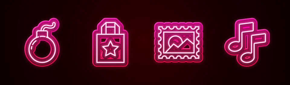 Set line Bomb ready to explode, Paper shopping bag, Postal stamp and Music no イラスト素材