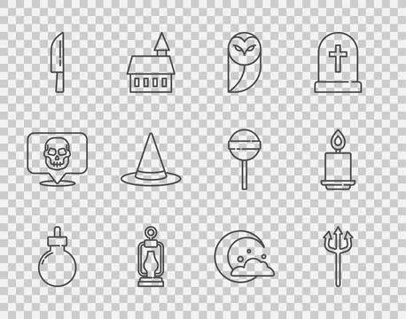 Set line Bomb ready to explode, Neptune Trident, Owl, Camping lantern, Knif.. イラスト素材