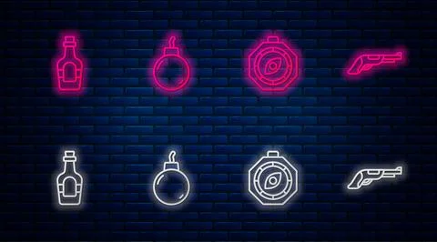 Set line Bomb ready to explode, Compass, Alcohol drink Rum and Vintage pist.. Stock Illustration