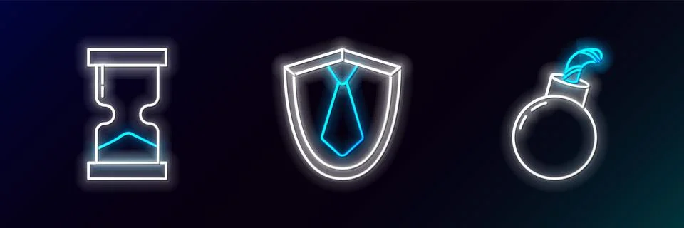 Set line Bomb ready to explode, Old hourglass and Tie icon. Glowing neon. V.. 스톡 일러스트