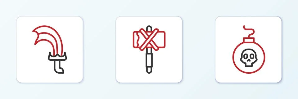 Set line Bomb ready to explode, Sword for game and Medieval axe icon. Vector Stock Illustration