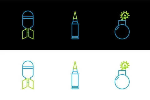 Set line Bomb ready to explode, Aviation bomb and Bullet icon. Vector Stockillustratie