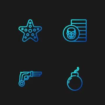 Set line Bomb ready to explode, Vintage pistols, Starfish and Pirate coin. .. 스톡 일러스트