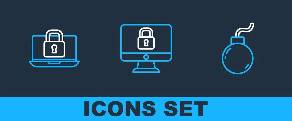 Set line Bomb ready to explode, Laptop and lock and Lock on computer monito.. Stock-Illustration