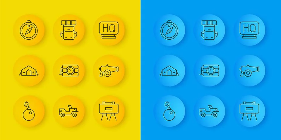 Set line Bomb ready to explode, Military medical tent, Dynamite and timer c.. Stock Illustration