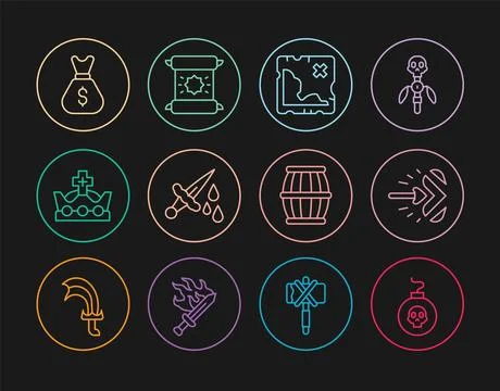 Set line Bomb ready to explode, Magic arrow, Pirate treasure map, Sword wit.. 库存插图