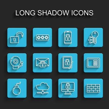 Set line Bomb ready to explode, Network cloud connection, Open padlock, Loc.. Stock Illustration