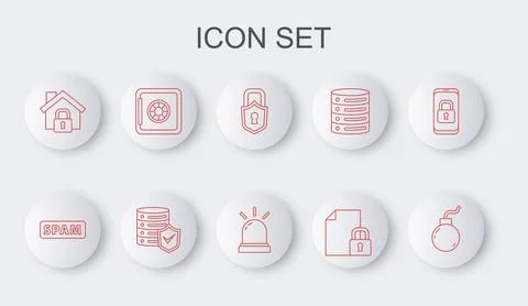 Set line Bomb ready to explode, Spam, Lock, Document and lock, House under .. Stock Illustration