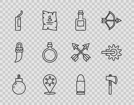 Set line Bomb ready to explode, Tomahawk axe, Tequila bottle, Hexagram sher.. Illustrazione stock