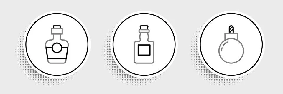Set line Bomb ready to explode, Tequila bottle and  icon. Vector Illustrazione stock