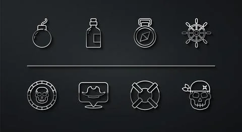 Set line Bomb ready to explode, Pirate coin, Ship steering wheel, Lifebuoy,.. 스톡 일러스트