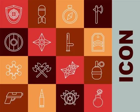 Set line Bomb ready to explode, Hand grenade, Chevron, Compass, Japanese ni.. Stock Illustration