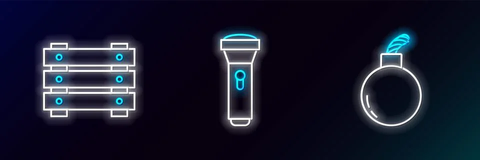 Set line Bomb ready to explode, Military ammunition box and Flashlight icon.. 스톡 일러스트