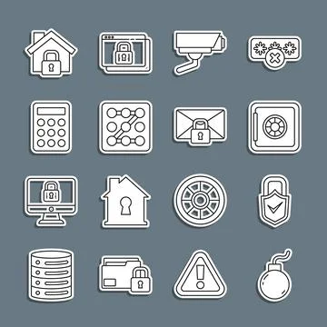 Set line Bomb ready to explode, Lock and check mark, Safe, Security camera,.. Stock Illustration