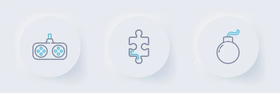 Set line Bomb ready to explode, Piece of puzzle and Gamepad icon. Vector Illustrazione stock