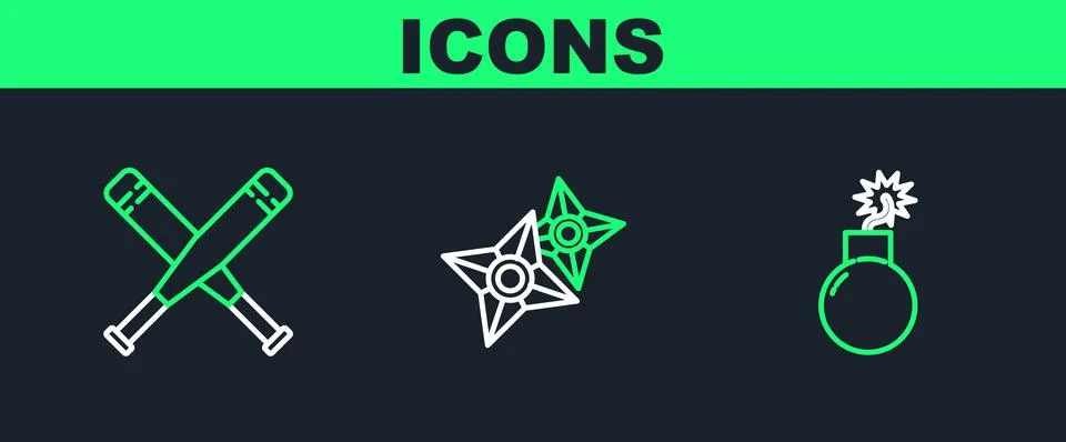 Set line Bomb ready to explode, Crossed baseball bat and Japanese ninja shu.. Illustrazione stock