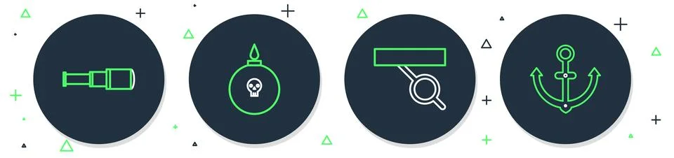 Set line Bomb ready to explode, Pirate eye patch, Spyglass telescope lens a.. 스톡 일러스트