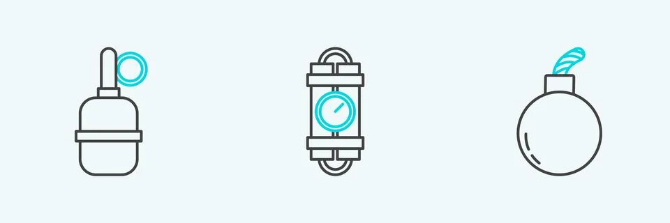 Set line Bomb ready to explode, Hand grenade and Detonate dynamite bomb sti.. Stock Illustration