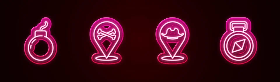 Set line Bomb ready to explode, Location pirate,  and Compass. Glowing neon.. 스톡 일러스트