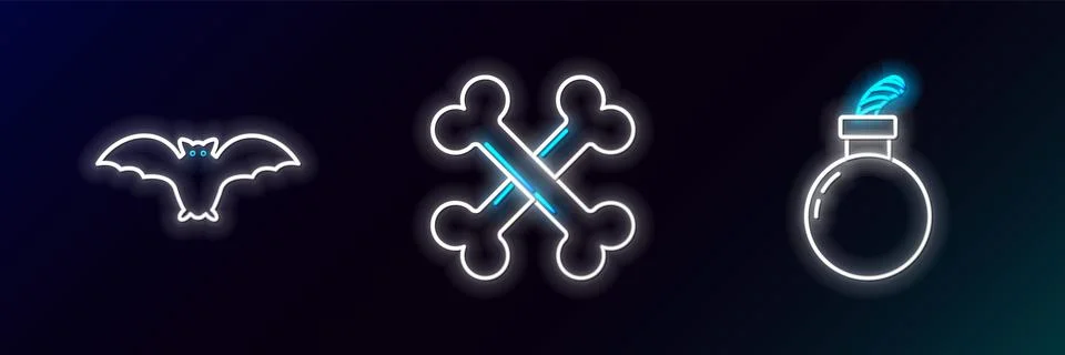 Set line Bomb ready to explode, Flying bat and Crossed bones icon. Glowing .. 스톡 일러스트