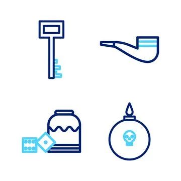 Set line Bomb ready to explode, Pirate game dice, Smoking pipe and key icon.. Stock Illustration