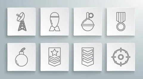 Set line Bomb ready to explode, Aviation bomb, Chevron, Military rank, Targ.. Stockillustratie