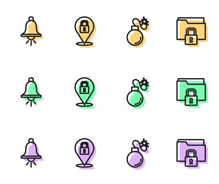 Set line Bomb, Ringing alarm bell, Lock and Folder and lock icon. Vector Stock Illustration