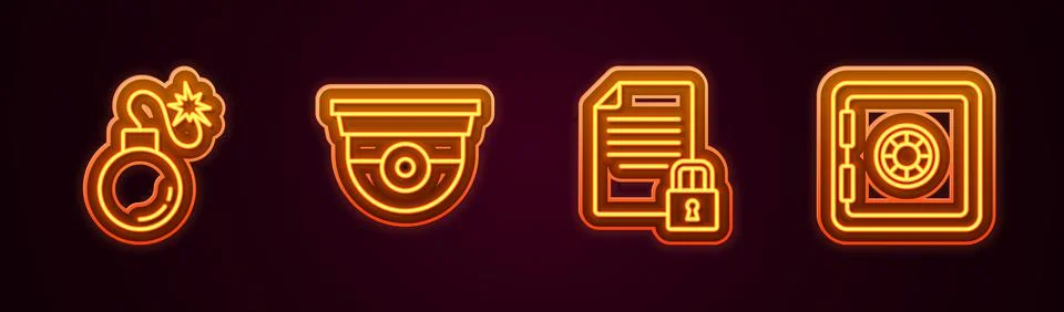 Set line Bomb, Security camera, Document and lock and Safe. Glowing neon icon Illustrazione stock