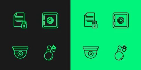 Set line Bomb, Security camera, Document and lock and Safe icon. Vector Ilustración de archivo