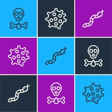 Set line Bones and skull, Snake and Bacteria icon. Vector Stock Illustration