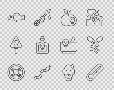 Set line Bones and skull, Thermometer, Poison apple, Snake, Puffer fish, Bo.. Stockillustratie
