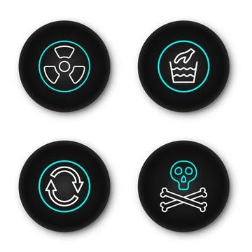 Set line Bones and skull warning, Recycle symbol, Hand wash laundry and Rad.. Stock Illustration
