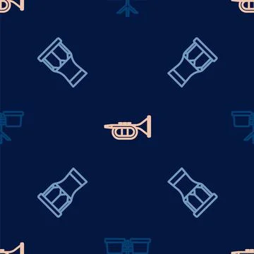 Set line Bongo drum, African percussion and Trumpet on seamless pattern. Vector Stock Illustration