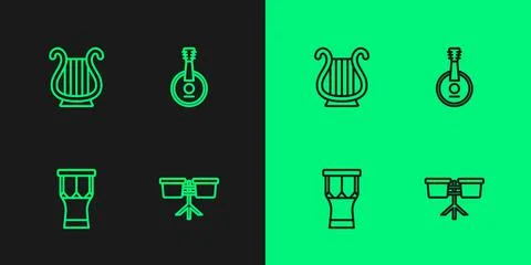 Set line Bongo drum, African percussion, Ancient Greek lyre and Banjo icon Illustrazione stock