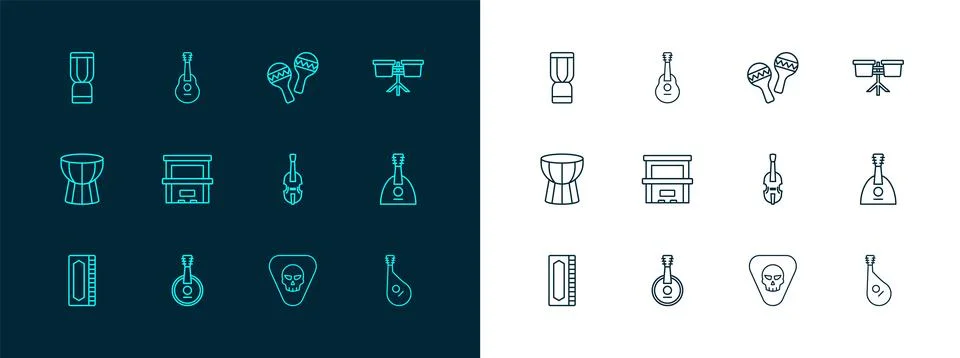 Set line Bongo drum, Banjo, Violin, Guitar pick, Piano, Maracas, African dj.. Stock Illustration