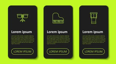 Set line Bongo drum, Grand piano and African percussion. Business infographic Illustrazione stock