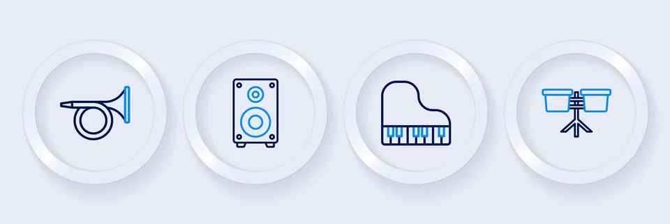 Set line Bongo drum, Grand piano, Stereo speaker and Trumpet icon. Vector Stock Illustration