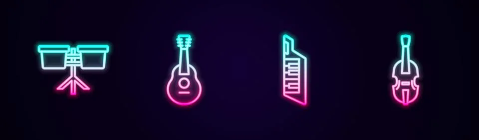 Set line Bongo drum, Guitar, Keytar and Violin. Glowing neon icon. Vector Illustrazione stock