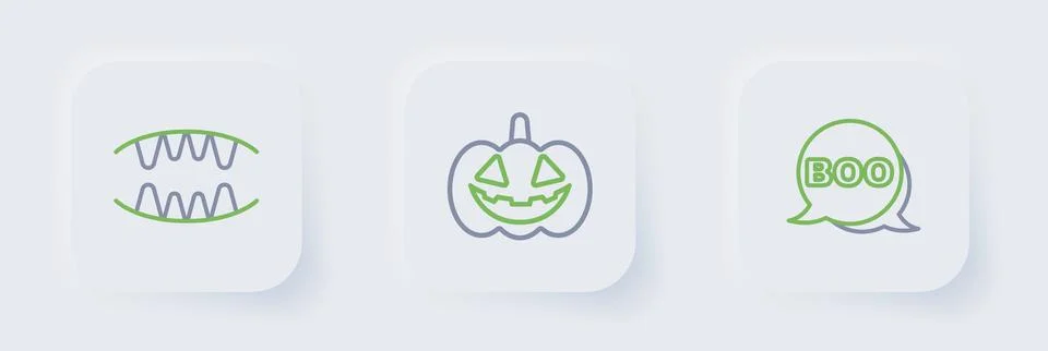 Set line Boo speech bubble, Pumpkin and Vampire teeth icon. Vector Stock Illustration