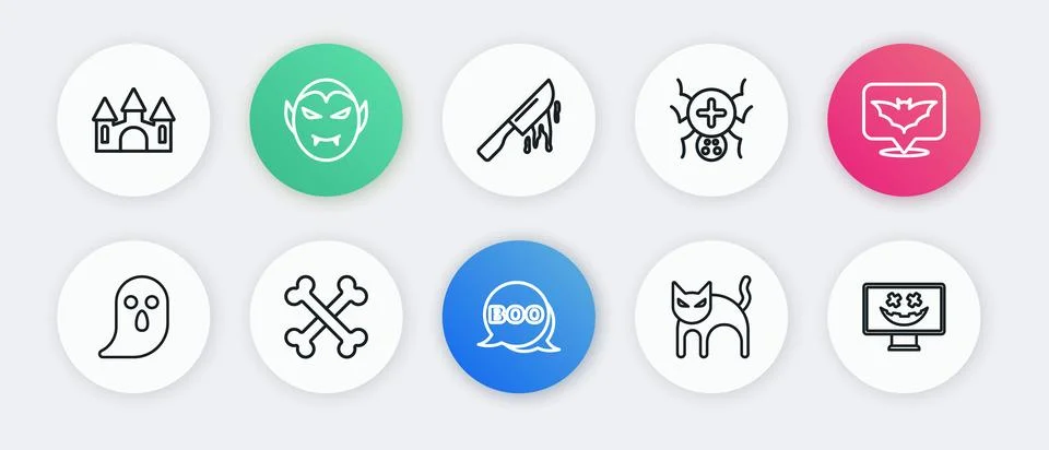 Set line Boo speech bubble, Flying bat, Ghost, Black cat, Spider, Bloody kn.. Stock Illustration
