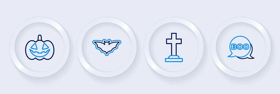 Set line Boo speech bubble, Tombstone with cross, Flying bat and Pumpkin ic.. Stock Illustration