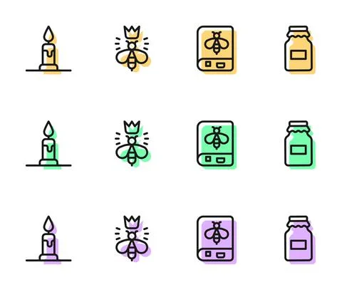 Set line Book about bee, Burning candle, Queen and Jar of honey icon. Vector Stock Illustration
