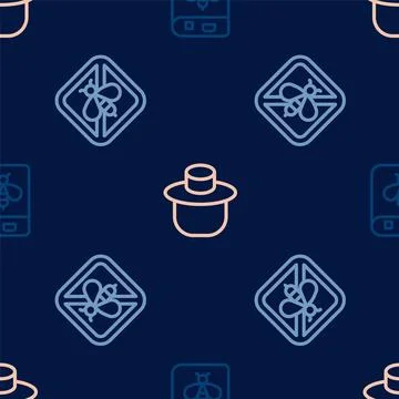 Set line Book about bee, Stop and Beekeeper with protect hat on seamless pattern Stock Illustration