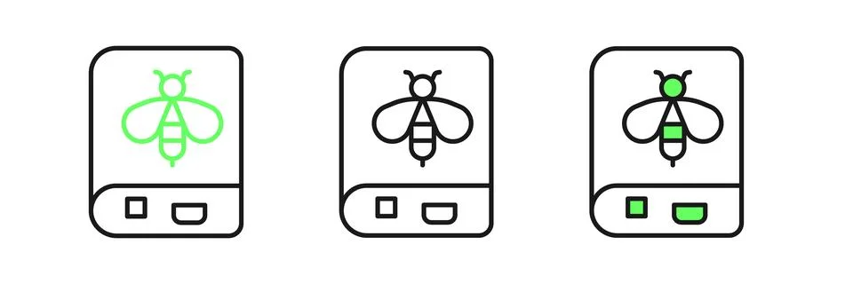 Set line Book about bee icon isolated on white background. Sweet natural fo.. Illustrazione stock