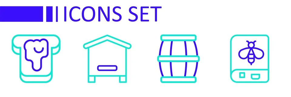 Set line Book about bee, Wooden barrel with honey, Hive for bees and Bread .. Stock Illustration