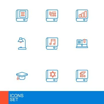 Set line Book about ecology, Jewish torah book, Graduation cap, Open, Table.. Stock Illustration